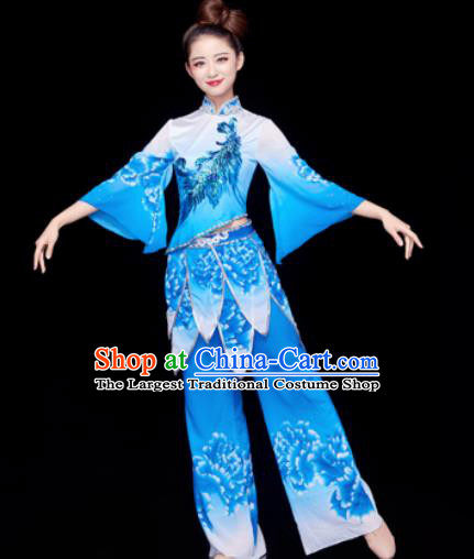 Traditional Chinese Spring Festival Folk Dance Blue Clothing Yangko Dance Fan Dance Costume for Women