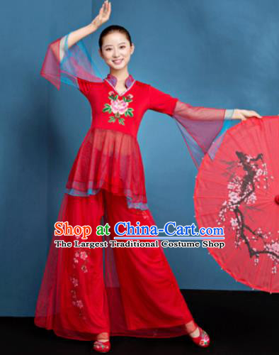 Traditional Chinese Folk Dance Fan Dance Red Veil Clothing Yangko Dance Costume for Women