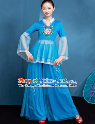 Traditional Chinese Folk Dance Fan Dance Blue Veil Clothing Yangko Dance Costume for Women