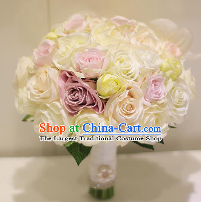Top Grade Wedding Bridal Bouquet Hand White and Pink Roses Tied Bouquet Flowers for Women