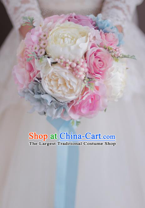 Top Grade Wedding Bridal Bouquet Hand White and Pink Peony Ball Tied Bouquet Flowers for Women