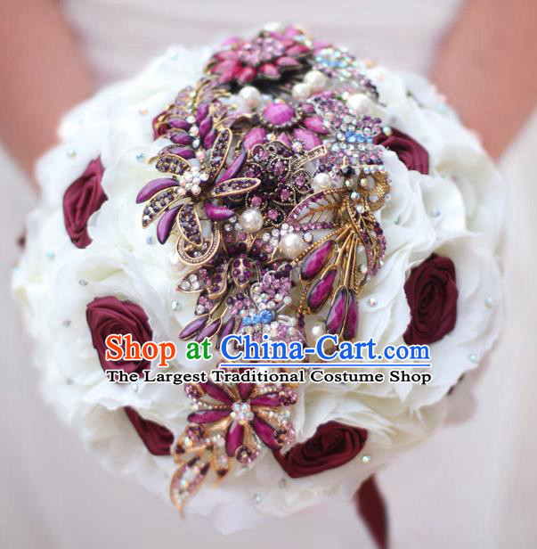 Top Grade Wedding Bridal Bouquet Hand Purple Crystal Roses Ball Tied Bouquet Flowers for Women