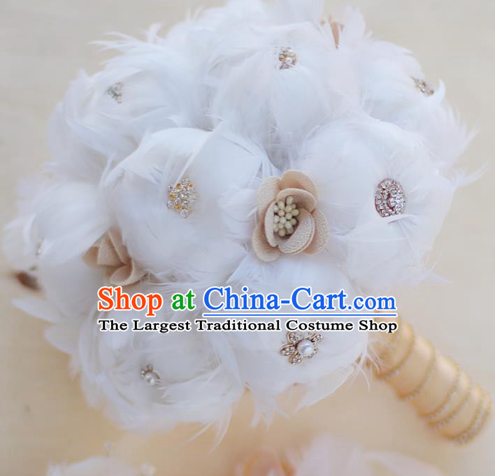 Top Grade Wedding Bridal Bouquet Hand White Feather Flowers Bunch for Women