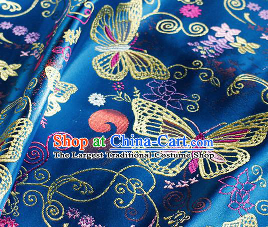 Asian Chinese Royal Butterfly Pattern Blue Brocade Fabric Traditional Silk Fabric Tang Suit Material