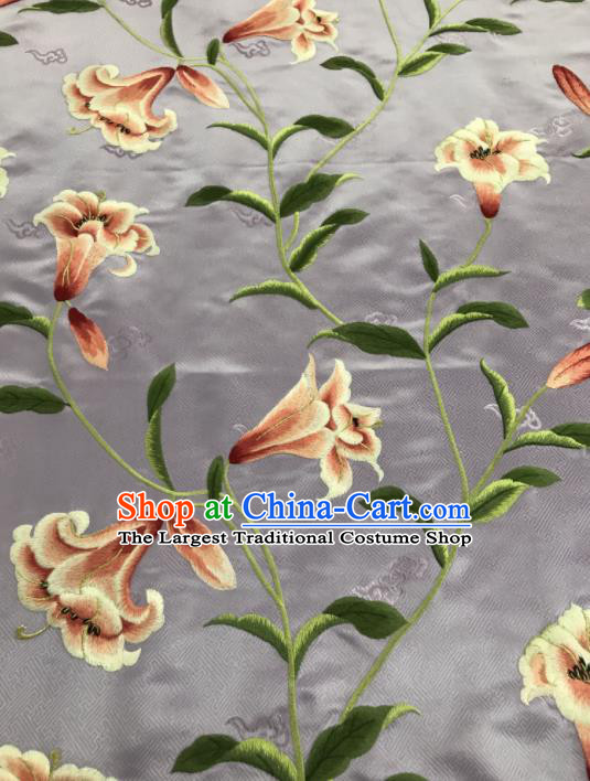 Asian Chinese Embroidered Greenish Lily Flower Pattern Grey Brocade Fabric Traditional Cheongsam Silk Fabric Material