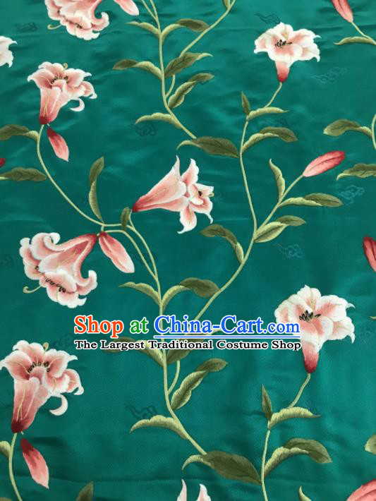 Asian Chinese Embroidered Greenish Lily Flower Pattern Green Brocade Fabric Traditional Cheongsam Silk Fabric Material