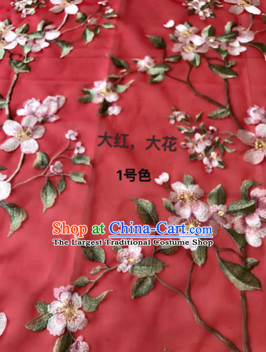 Asian Chinese Embroidered Peach Blossom Pattern Red Silk Fabric Material Traditional Cheongsam Brocade Fabric
