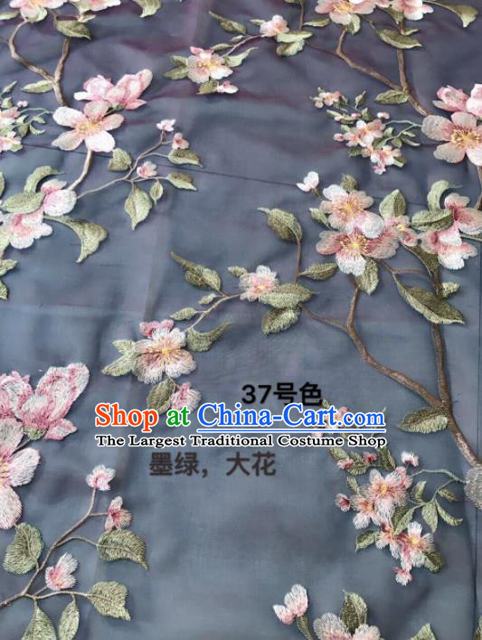 Asian Chinese Embroidered Peach Blossom Pattern Navy Silk Fabric Material Traditional Cheongsam Brocade Fabric