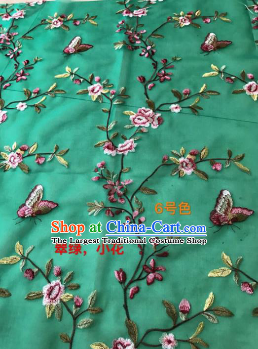 Asian Chinese Embroidered Peach Flowers Pattern Green Silk Fabric Material Traditional Cheongsam Brocade Fabric