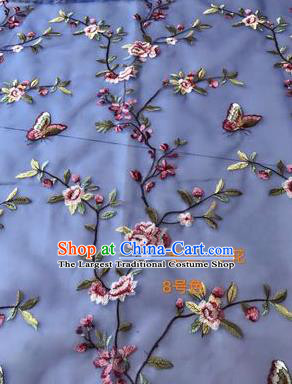 Asian Chinese Embroidered Peach Flowers Pattern Blue Silk Fabric Material Traditional Cheongsam Brocade Fabric
