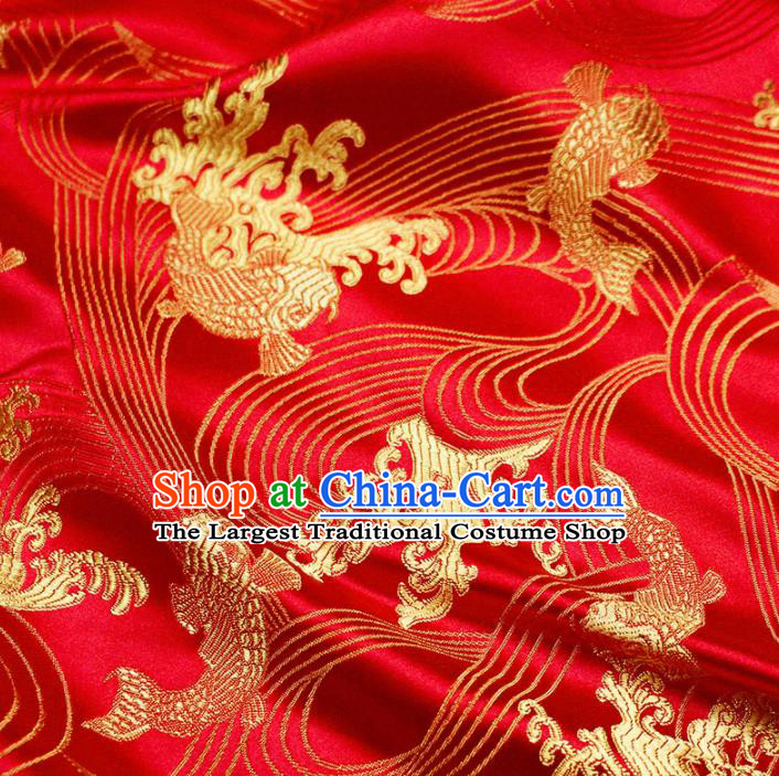 Asian Chinese Royal Carp Pattern Red Brocade Fabric Traditional Silk Fabric Tang Suit Material
