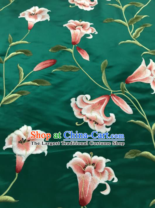 Asian Chinese Embroidered Lily Flowers Pattern Green Silk Fabric Material Traditional Cheongsam Brocade Fabric