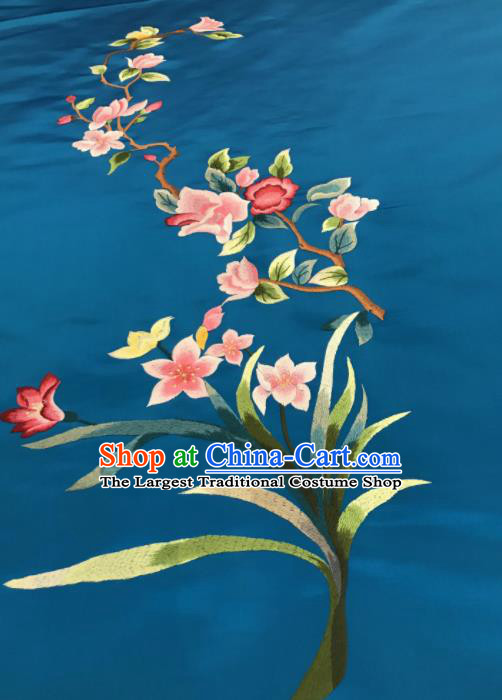 Asian Chinese Embroidered Orchid Pattern Blue Silk Fabric Material Traditional Cheongsam Brocade Fabric