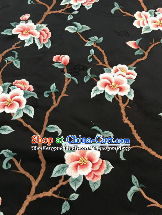 Asian Chinese Suzhou Embroidered Peach Blossom Pattern Black Silk Fabric Material Traditional Cheongsam Brocade Fabric