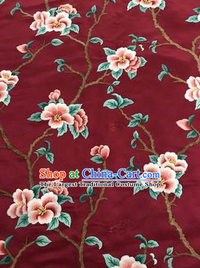Asian Chinese Suzhou Embroidered Peach Blossom Pattern Purplish Red Silk Fabric Material Traditional Cheongsam Brocade Fabric