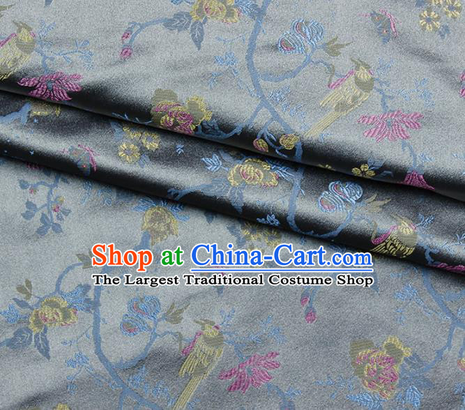 Asian Chinese Royal Flowers Birds Pattern Grey Brocade Fabric Traditional Silk Fabric Kimono Material