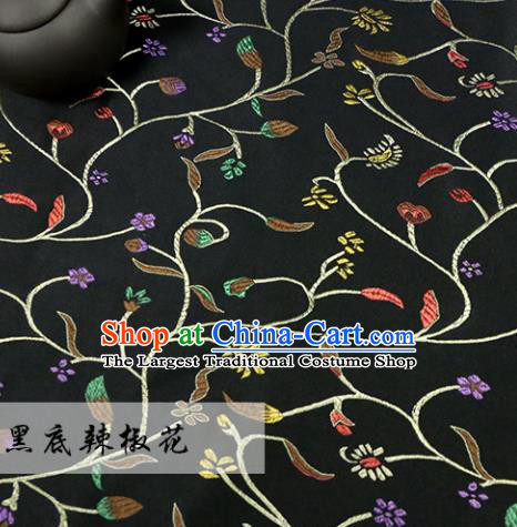 Asian Chinese Royal Pepper Flowers Pattern Black Brocade Fabric Traditional Silk Fabric Tang Suit Material