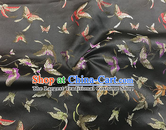 Asian Chinese Royal Embroidery Butterfly Pattern Black Brocade Fabric Traditional Silk Fabric Kimono Material