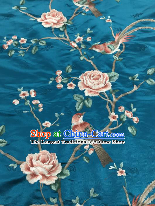 Asian Chinese Royal Embroidered Peony Birds Pattern Blue Brocade Fabric Traditional Cheongsam Silk Fabric Material