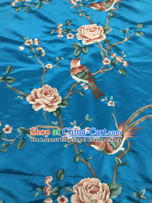 Asian Chinese Royal Embroidered Peony Birds Pattern Light Blue Brocade Fabric Traditional Cheongsam Silk Fabric Material