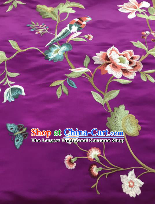 Asian Chinese Suzhou Embroidered Peony Birds Pattern Purple Silk Fabric Material Traditional Cheongsam Brocade Fabric