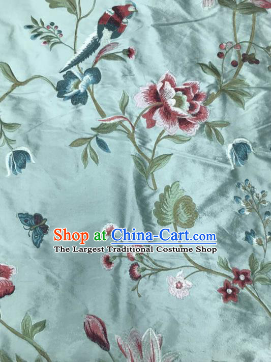Asian Chinese Suzhou Embroidered Peony Birds Pattern Blue Silk Fabric Material Traditional Cheongsam Brocade Fabric