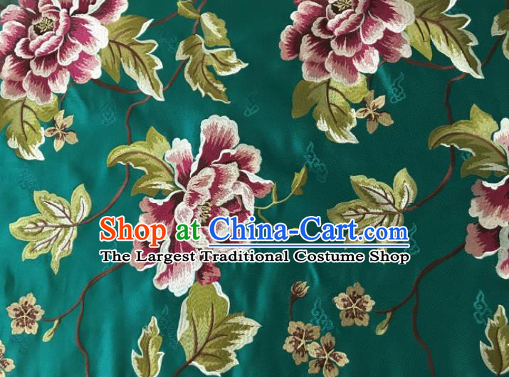 Asian Chinese Traditional Cheongsam Green Brocade Fabric Suzhou Embroidered Peony Pattern Silk Fabric Material