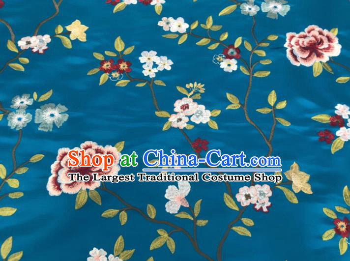 Asian Chinese Traditional Cheongsam Embroidered Flowers Pattern Blue Brocade Fabric Suzhou Silk Fabric Material