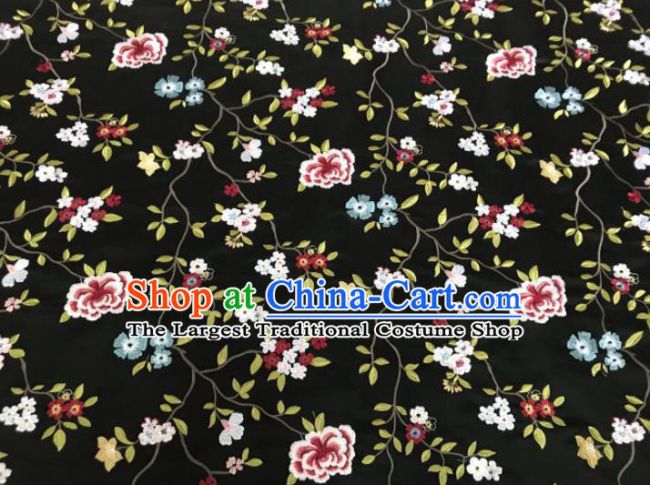 Asian Chinese Traditional Cheongsam Embroidered Flowers Pattern Black Brocade Fabric Suzhou Silk Fabric Material
