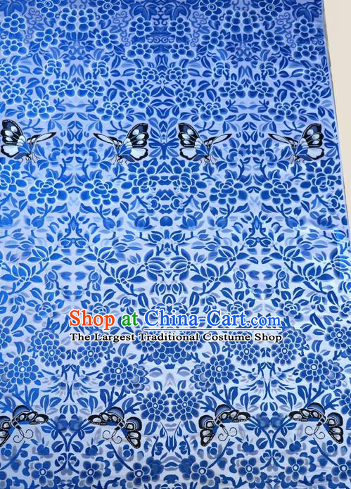 Asian Chinese Traditional Blue Brocade Fabric Tang Suit Royal Flowers Pattern Silk Fabric Material