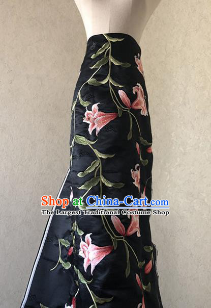 Asian Chinese Classical Lily Flowers Design Pattern Black Brocade Traditional Cheongsam Satin Fabric Tang Suit Silk Material