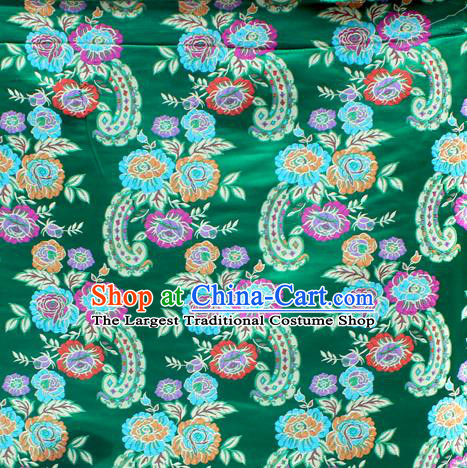 Asian Chinese Classical Flowers Pattern Green Nanjing Brocade Traditional Tibetan Robe Satin Fabric Silk Material