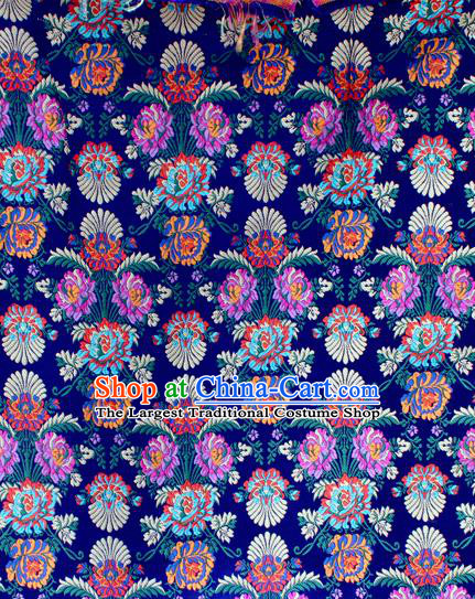 Asian Chinese Classical Flowers Pattern Blue Nanjing Brocade Traditional Tibetan Robe Satin Fabric Silk Material