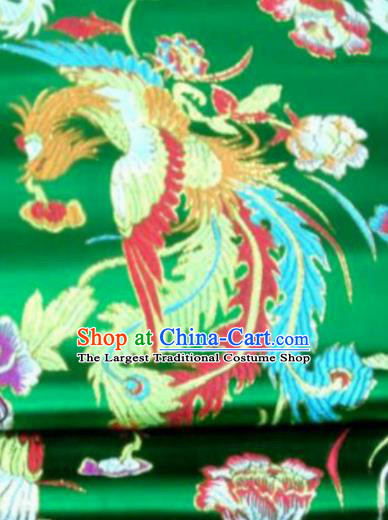 Asian Chinese Classical Phoenix Peony Pattern Green Brocade Traditional Tibetan Robe Satin Fabric Silk Material