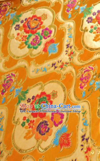 Asian Chinese Classical Aquarius Flowers Pattern Golden Brocade Traditional Tibetan Robe Satin Fabric Silk Material
