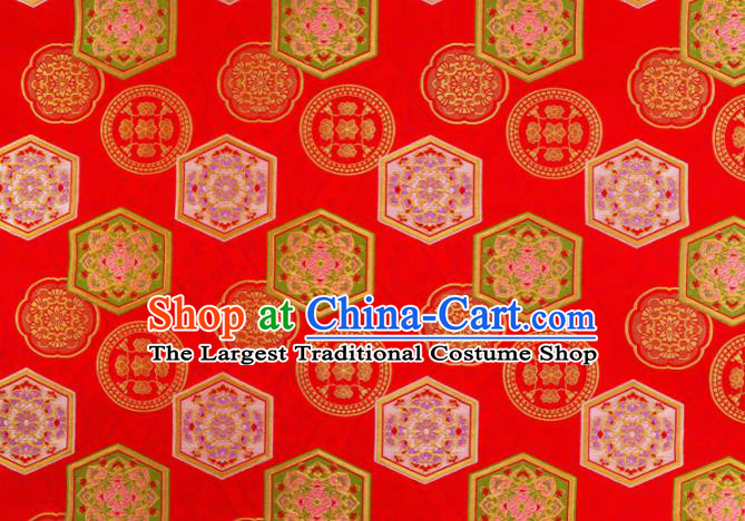 Asian Traditional Classical Tortoiseshell Pattern Nishijin Red Brocade Fabric Japanese Kimono Satin Silk Material