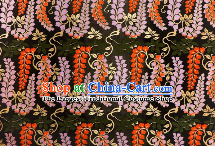 Asian Traditional Classical Wisteria Pattern Nishijin Black Brocade Fabric Japanese Kimono Satin Silk Material
