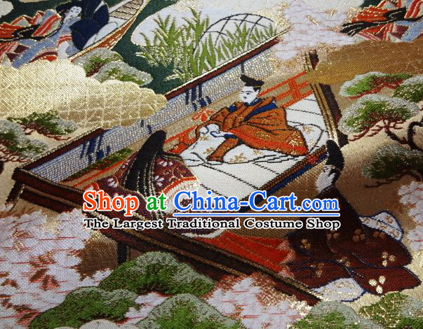 Asian Traditional Classical Genji Palace Pattern Golden Tapestry Satin Nishijin Brocade Fabric Japanese Kimono Silk Material