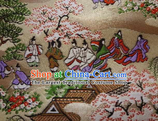 Asian Traditional Classical Genji Character Pattern Golden Tapestry Satin Nishijin Brocade Fabric Japanese Kimono Silk Material