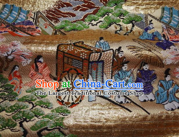 Asian Traditional Classical Genji Monogatari Pattern Golden Tapestry Satin Nishijin Brocade Fabric Japanese Kimono Silk Material