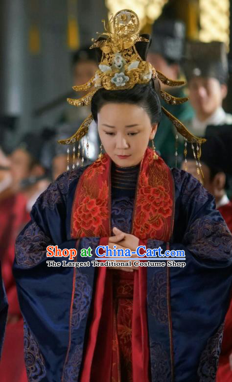 Chinese Drama The Story Of MingLan Ancient Song Dynasty Imperial Mandate Dowager Embroidered Historical Costume and Headpiece Complete Set