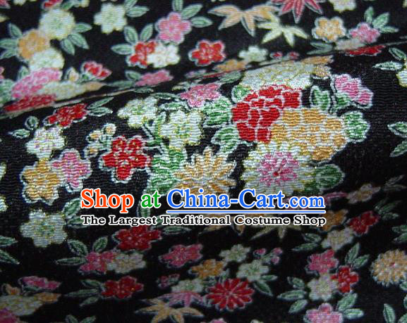 Asian Traditional Classical Daisy Pattern Black Brocade Tapestry Satin Fabric Japanese Kimono Silk Material