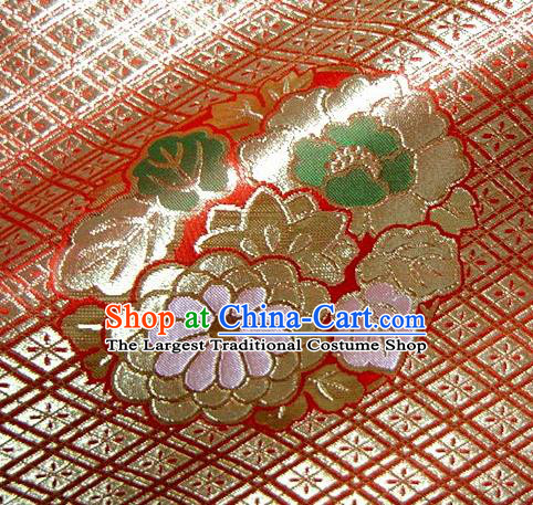 Asian Traditional Baldachin Classical Four Flowers Pattern Red Brocade Fabric Japanese Kimono Tapestry Satin Silk Material
