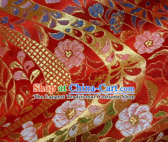 Asian Traditional Baldachin Classical Flowers Pattern Red Brocade Fabric Japanese Kimono Tapestry Satin Silk Material