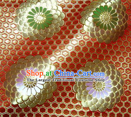 Asian Traditional Classical Chrysanthemum Pattern Red Damask Brocade Fabric Japanese Kimono Tapestry Satin Silk Material