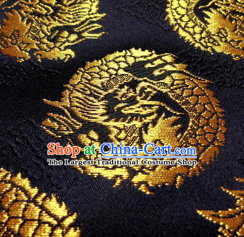 Asian Traditional Baldachin Classical Round Dragons Pattern Black Brocade Fabric Japanese Kimono Tapestry Satin Silk Material
