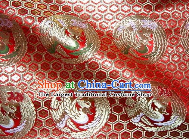 Asian Traditional Baldachin Classical Round Phoenix Pattern Red Brocade Fabric Japanese Kimono Tapestry Satin Silk Material