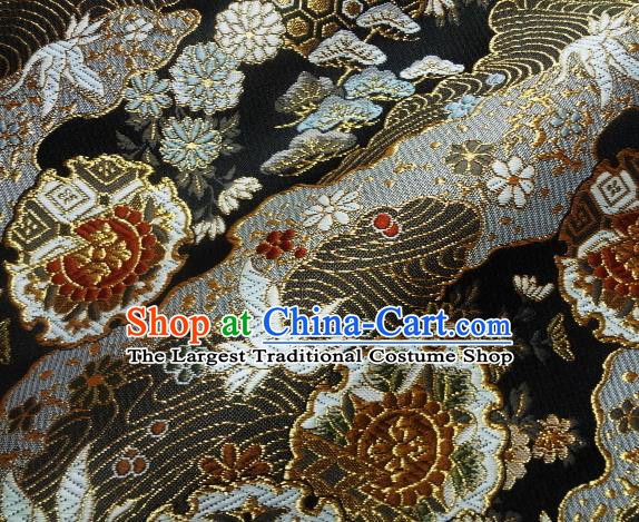 Asian Japanese Traditional Brocade Classical Cranes Pattern Black Baldachin Fabric Kimono Tapestry Satin Silk Material