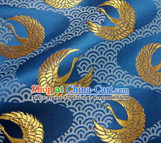 Asian Japanese Traditional Kimono Classical Round Cranes Pattern Blue Tapestry Satin Brocade Fabric Baldachin Silk Material