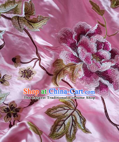 Asian Traditional Fabric Classical Embroidered Peony Pattern Pink Watered Gauze Brocade Satin Silk Material